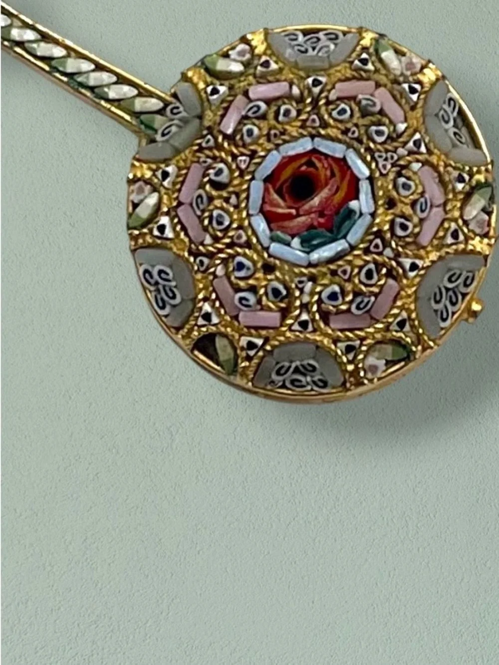 Vintage Italian Micro Mosaic Banjo Mandolin Brooch Pin Floral Glass Tesserae